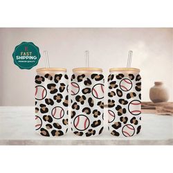 leopard print baseball 16oz libbey glass can, baseball themed libbey glass can with leopard print, leopard patterned bas