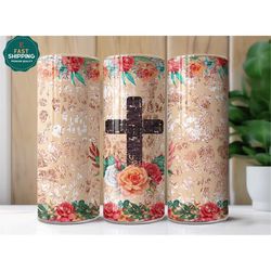 christian cross floral tumbler, floral cross glass tumbler birthday gift, religious glitter tumbler gift, religious cros