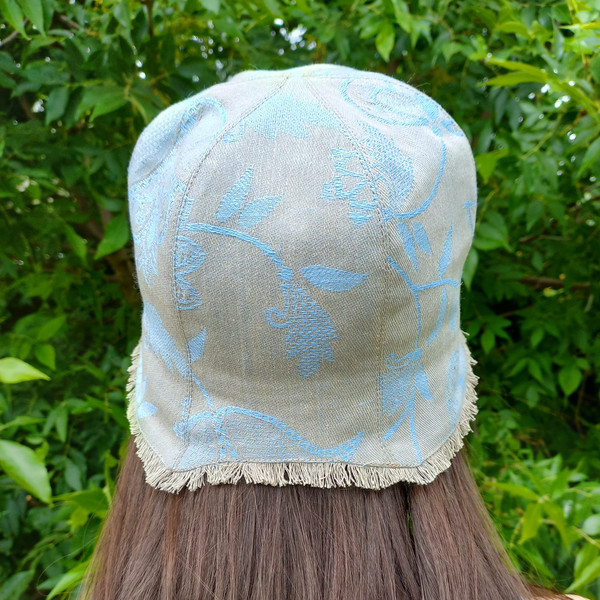 Panama for protection from the sun. Beige blue panama tulip. Summer linen bucket hat.