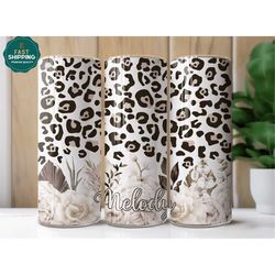 personalized floral cheetah tumbler with name, leopard tumbler cup for her,  rose leopard tumbler with straw, cheetah tu