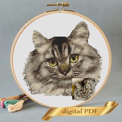 Custom embroidery DIY, cat portrait cross stitch pattern pdf