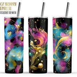 unique 20 oz glittery skinny tumbler with abstract liquid pattern, vibrant 20 oz skinny tumbler with abstract glittery