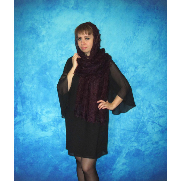 Hand knit embroidered dark wine-purple scarf, Warm Russian Orenburg shawl, Goat down cover up, Wool wrap, Bridal stole, Pashmina, Kerchief, gift for her 2.JPG