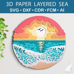 3D paper layered sea sunset template – SVG for Cricut, DXF for Silhouette, FCM for Brother cut files