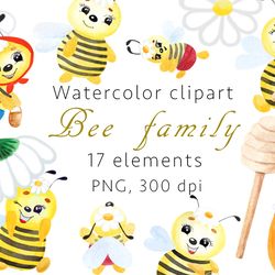Watercolor Clipart bee family, PNG