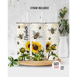 personalized bee tumbler - bee honeycomb sunflower tumbler personalized  - bee tumbler gifts - honeycomb tumbler with st