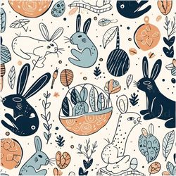 rabbit doodle print digital pattern, printable, sublimation