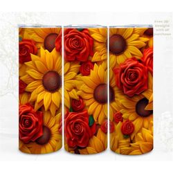 3d flower tumbler wrap, sunflowers and roses digital art, sublimation, straight skinny 20 oz tumbler wrap, instant downl