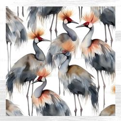 grey crowned crane watercolor digital pattern, printable, sublimation, fabric, scrapbook, paper, art, clipart, instant d