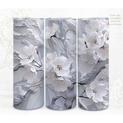3d flower tumbler wrap, white cherry blossom digital art, sublimation, straight skinny 20 oz tumbler wrap, instant downl