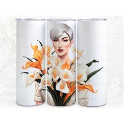 elegant lady and lilies digital art, sublimation, 300dpi straight skinny 20 oz tumbler wrap, fabrics, wall canvas, pod,