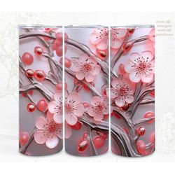 3d flower tumbler wrap, pink cherry blossoms digital art, sublimation, straight skinny 20 oz tumbler wrap, instant downl