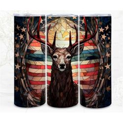 Stained Glass Tumbler Wrap Sublimation, Deer American Flag Image Paper Craft PNG 300 Dpi, POD Art Commercial Use