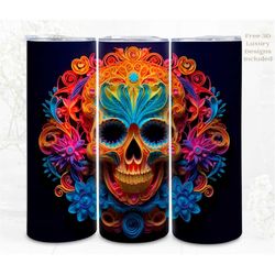 3d skull tumbler wrap, neon rainbow 3d digital art, papercraft sublimation, straight skinny 20 oz tumbler wrap, instant