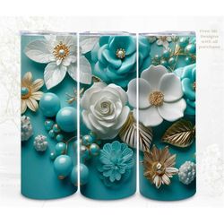 3D Sublimation Tumbler Wrap, Pearly Green Florals 3D Designs, 300dpi PNG, 20oz Skinny Tumbler Wrap, Commercial Use