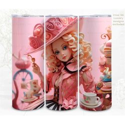 3d quilling tumbler wrap sublimation, fantasy tea party doll digital art file, png 300 dpi, 3d design, commercial use
