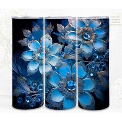 3D Sublimation Tumbler Wrap, Blue Glitter Flowers 3D Designs, 300dpi PNG, 20oz Skinny Tumbler Wrap, Commercial Use