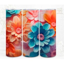 3D Sublimation Tumbler Wrap, Summer Flowers Pastel 3D Designs, 300dpi PNG, 20oz Skinny Tumbler Wrap, Commercial Use