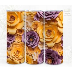 3D Seamless Flower Sublimation Tumbler Wrap, Quilling Yellow Mauve Floral 3D Designs, 300dpi PNG, 20oz Skinny Tumbler Wr