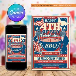 4th of july flyer template, american independence day party flyer template canva editable instant downlod