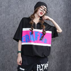 summer new short-sleeved print stitching stand collar loose large size t-shirt