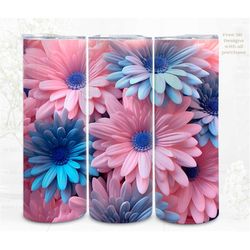 3d floral sublimation tumbler wrap, pink blue daisy flowers 3d designs, 300dpi png, 20oz skinny tumbler wrap, commercial