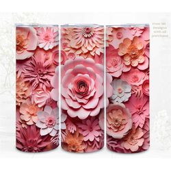 3D Pink Flowers Sublimation Tumbler Wrap, Quilling Floral 3D Designs, 300dpi PNG, 20oz Skinny Tumbler Wrap, Commercial U