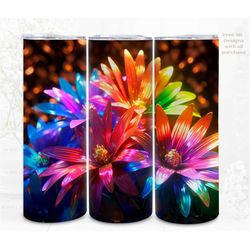 3D Sublimation Tumbler Wrap, Neon Rainbow Flowers 3D Designs, 300dpi PNG, 20oz Skinny Tumbler Wrap, Commercial Use