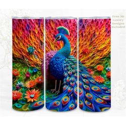 3d peacock tumbler wrap, rainbow 3d digital art, papercraft sublimation, straight skinny 20 oz tumbler wrap, instant dow