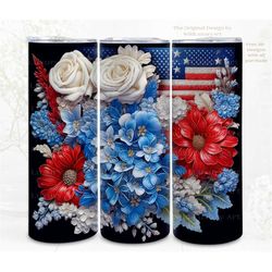 3d fourth of july tumbler wrap sublimation american flag florals, 3d flower, 300dpi straight skinny 20 oz tumbler, digit