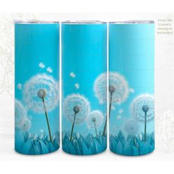 3d floral tumbler wrap sublimation blue dandelions, 300dpi straight skinny 20 oz tumbler wrap, 3d design, commercial use