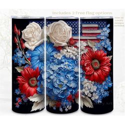3d patriotic tumbler wrap sublimation american flag florals, 3d flower, 300dpi straight skinny 20 oz tumbler, digital, c