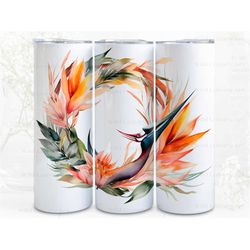bird of paradise lux wreath digital art print, sublimation, straight skinny 20 oz tumbler wrap, fabrics, wall art, pod,