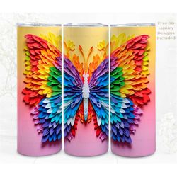 3d butterfly tumbler wrap, papercraft rainbow 3d digital art, papercraft sublimation, straight skinny 20 oz tumbler, ins