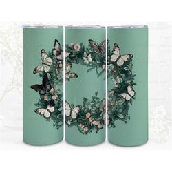 butterfly wreath digital art print, sublimation, straight skinny 20 oz tumbler wrap, fabrics, wall art, pod, instant dow