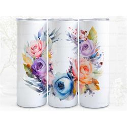 rose watercolor wreath digital art print, sublimation, straight skinny 20 oz tumbler wrap, fabrics, wall art, pod, insta