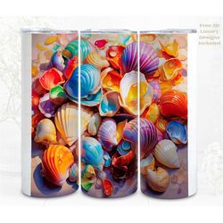 3d tumbler wrap sublimation colorful seashells, sublimation, 300dpi straight skinny 20 oz tumbler wrap, digital file, co