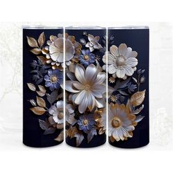 silver blue 3d flowers sublimation tumbler wrap digital, 300dpi straight skinny 20 oz tumbler wrap, fabrics, pod, instan