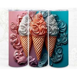 3d lux ice cream cones digital art, sublimation, 300dpi straight skinny 20 oz tumbler wrap, fabrics, pod, sublimate, wal