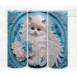3d flower tumbler wrap, fluffy white cat 3d digital art, papercraft sublimation, straight skinny 20 oz tumbler wrap, ins