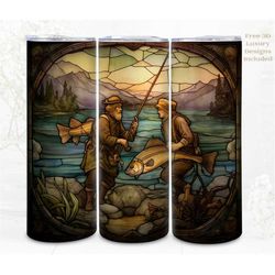 fishing flower tumbler wrap, stained glass fishing digital art, papercraft sublimation, straight skinny 20 oz tumbler wr