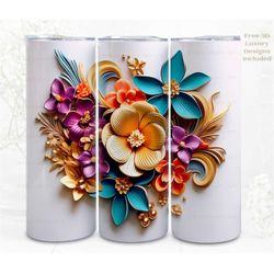 3d flower tumbler wrap, quilling colorful florals 3d digital art, papercraft sublimation, straight skinny 20 oz tumbler,
