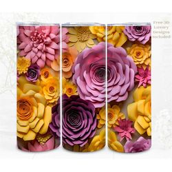 3d flower tumbler wrap, summer yellow mauve floral 3d digital art, papercraft sublimation, straight skinny 20 oz tumbler