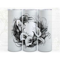 monotone calla lily wreath digital art print, sublimation, straight skinny 20 oz tumbler wrap, fabrics, wall art, pod, i