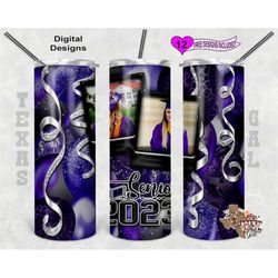 senior 2023 tumbler wrap, graduation tumbler design, picture frame tumbler wrap, purple balloons, 20oz sublimation tumbl
