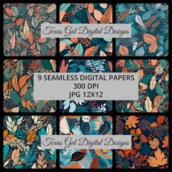 leaves digital paper, 9 seamless leaves patterns digital paper, seamless leaves digital paper