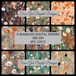 pampas grass digital paper, 9 seamless papas grass patterns digital paper, seamless pampas grass digital paper