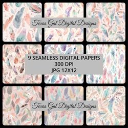 feather digital paper, 9 seamless pastel feather patterns digital paper, feathers digital paper, seamless feather digita