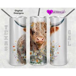 highland cow tumbler wrap, watercolor tumbler wrap, 20oz sublimation tumbler png, digital download, seamless design