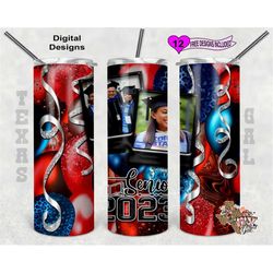 senior 2023 tumbler wrap, graduation tumbler design, picture frame tumbler wrap, red and blue balloons, 20oz sublimation